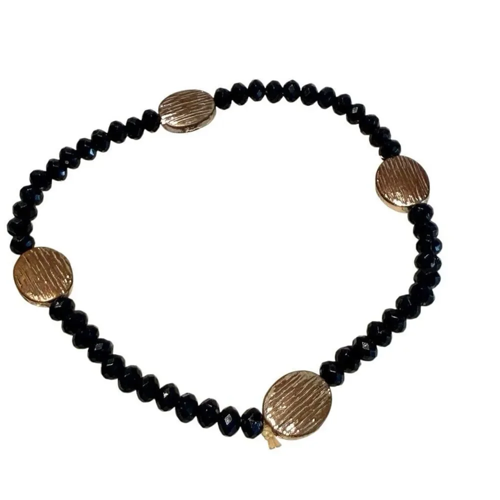 Vintage Anthropologie Faceted Beads With Brushed Beads Bracelet Black & Gold-ton